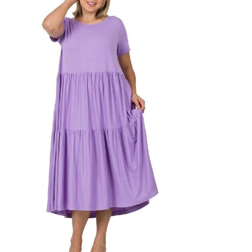 Zenana Plus Size Midi Dress Womens Short Sleeve Tiered Body Lavender 2X